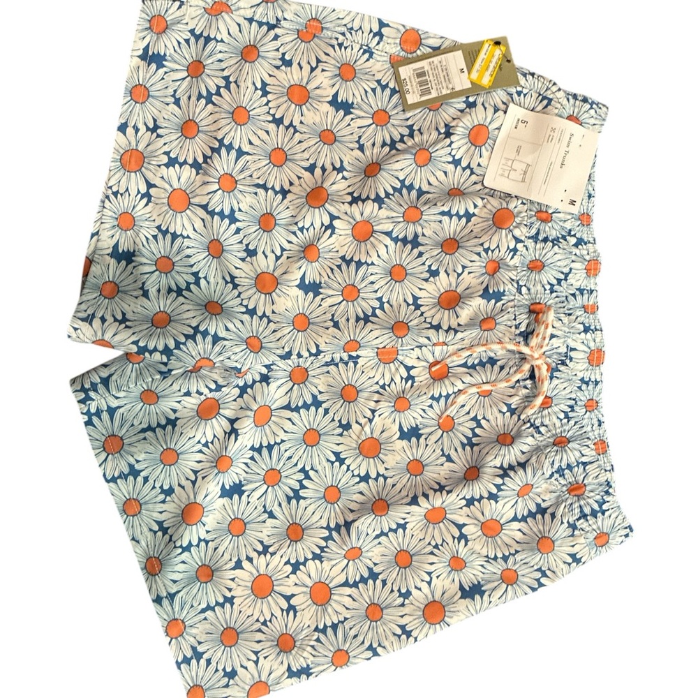Daisy Print Swim Trunks — Blue with Orange Accents